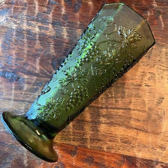 Vintage Olive Indiana Glass Harvest Footed Vase - Picture 3 of 7